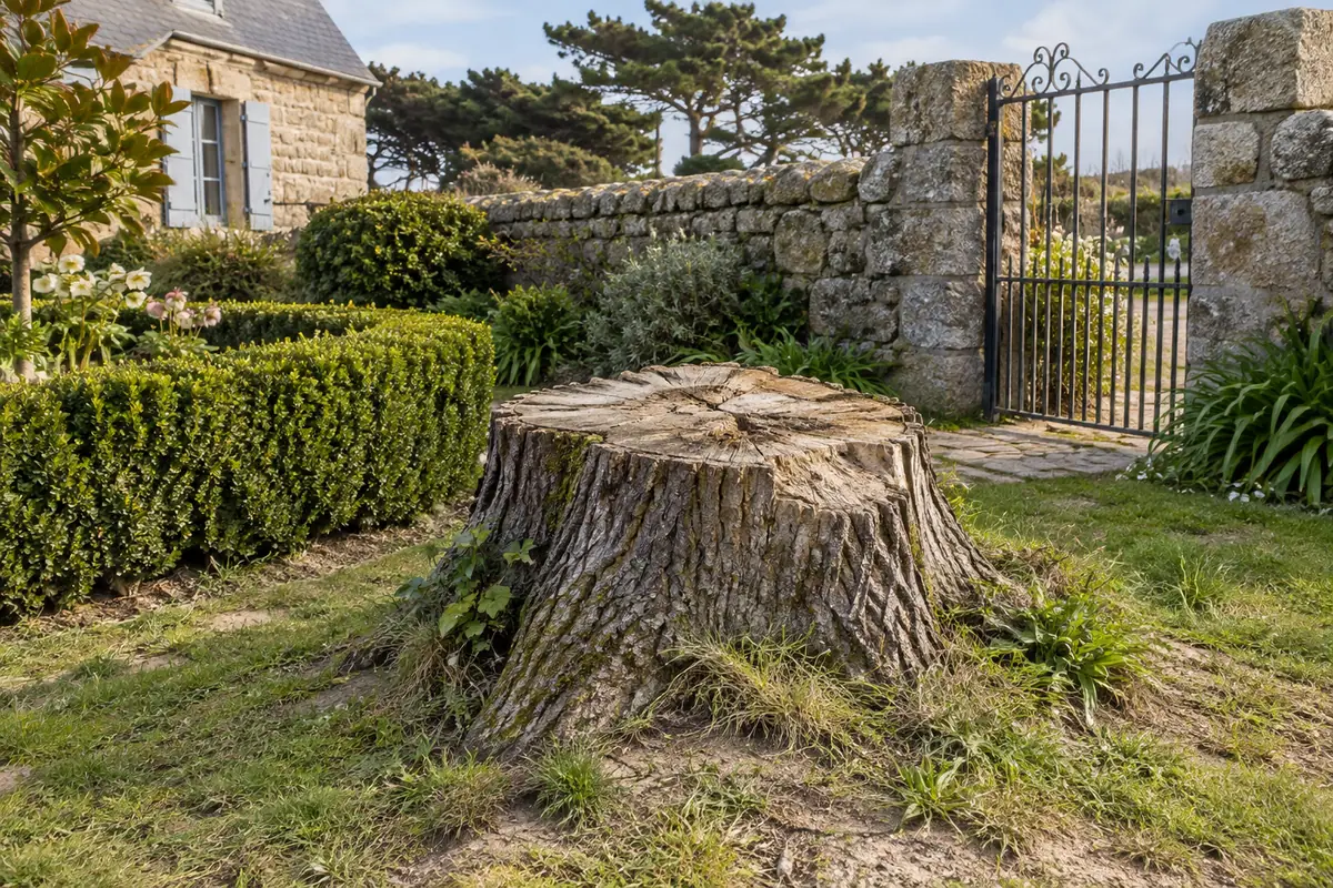 Souche de chêne et chêne vert à enlever dans un jardin