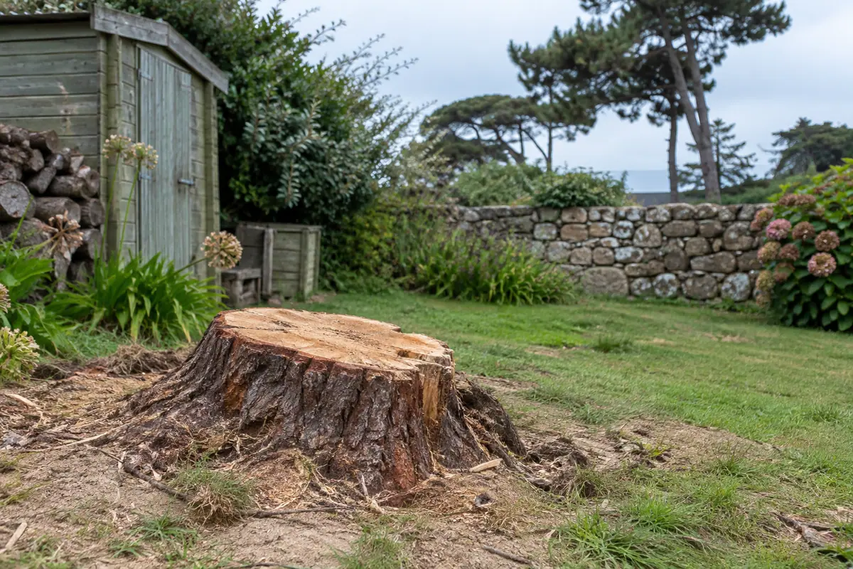 Souche de pin maritime à enlever dans un jardin