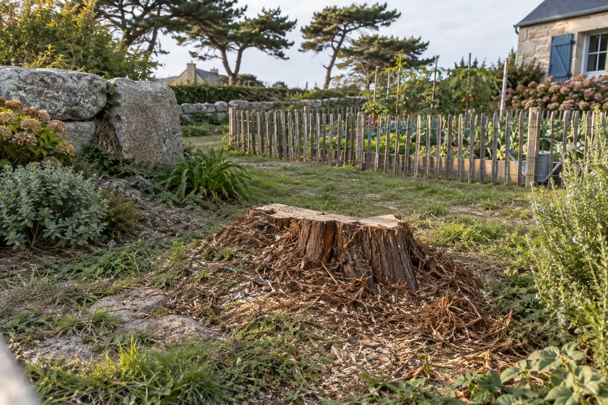 Souche de thuya et cyprès à enlever dans un jardin