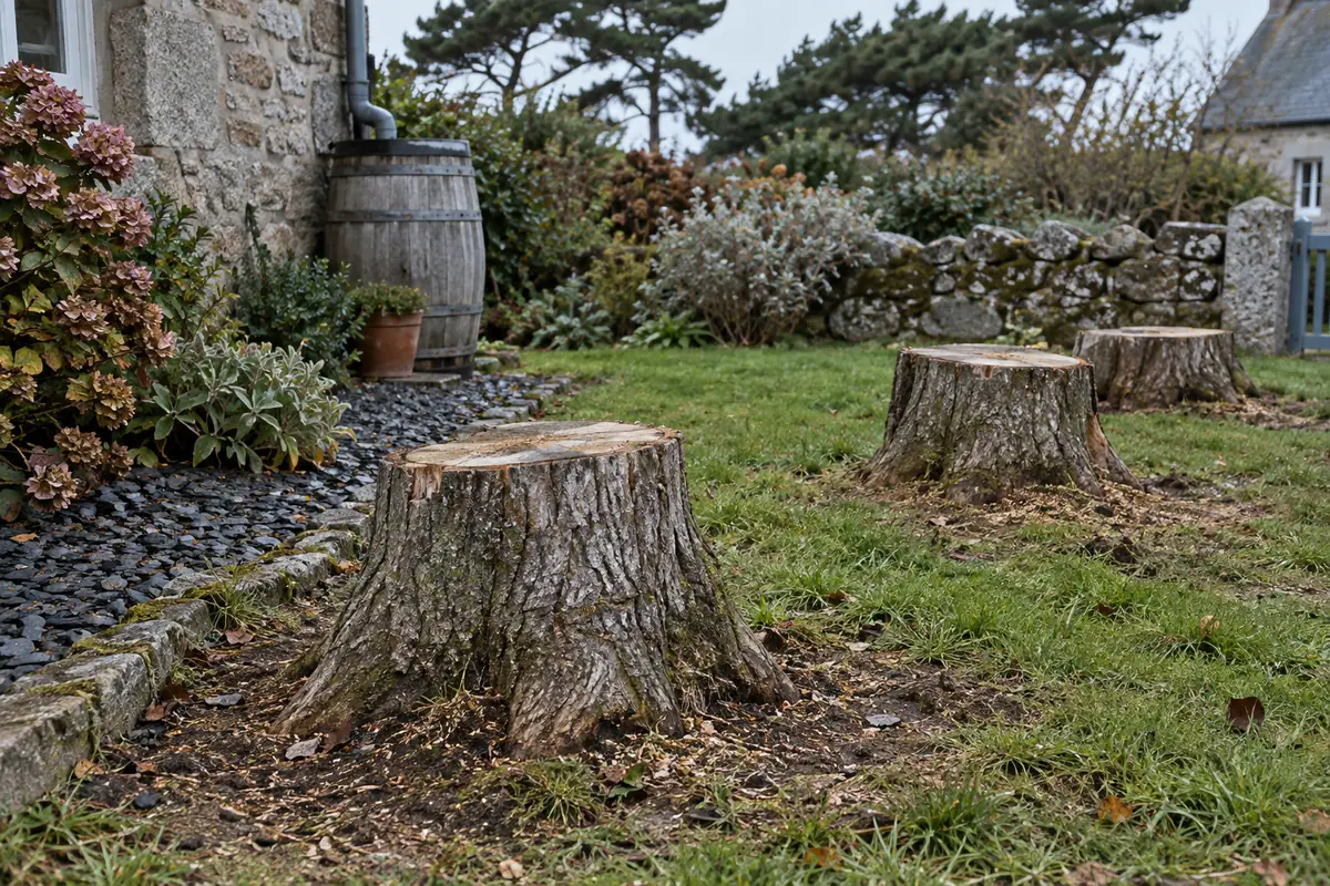 Souche de peuplier à enlever dans un jardin