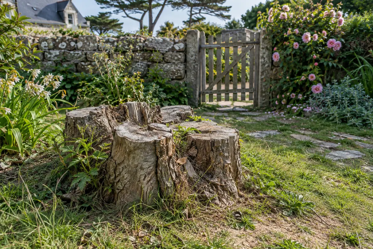 Souche de saule à enlever dans un jardin