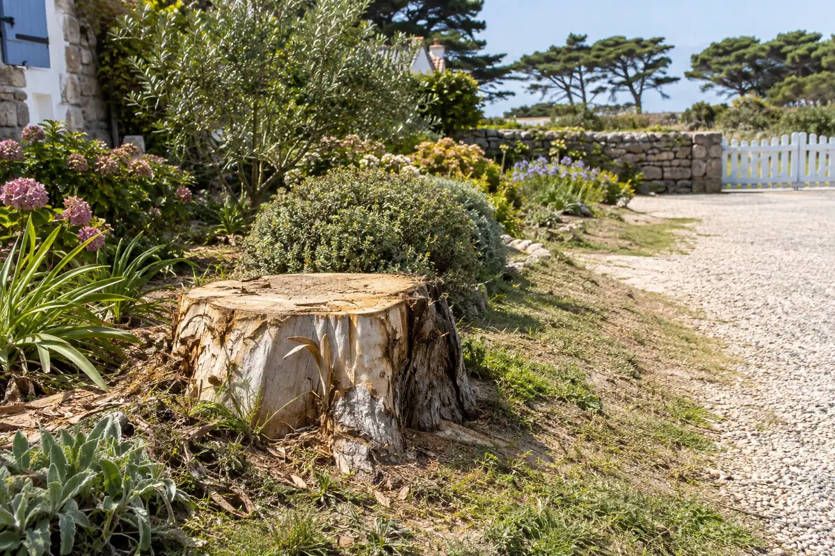 Souche de eucalyptus à enlever dans un jardin