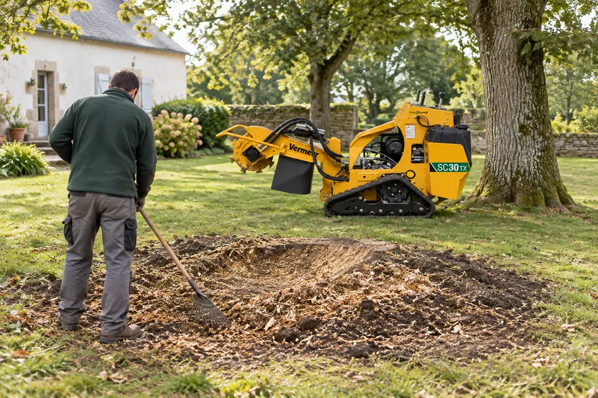 Jardin avec une souche rognée, une personne de dos et une Vermeer à l’arrêt