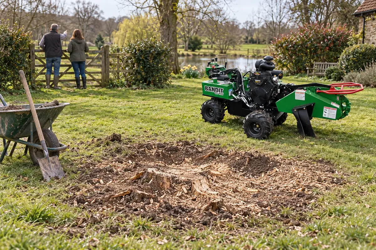Souche rognée sous le niveau du sol dans un jardin arboré