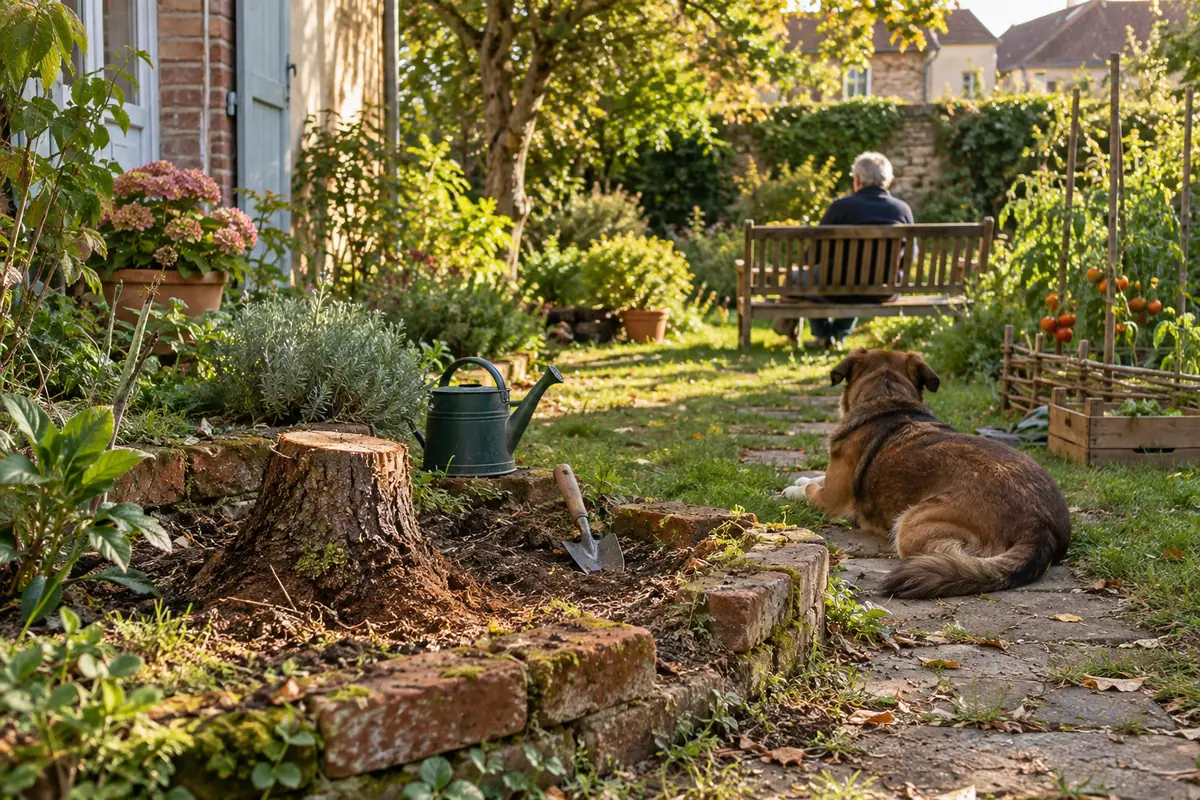 Jardin de ville avec une personne de dos et un chien au repos