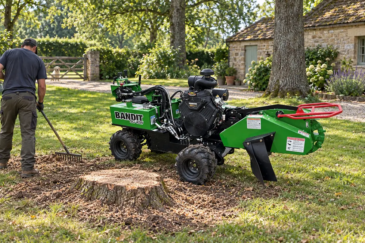 Bandit près d’une souche de chêne, jardinier de dos